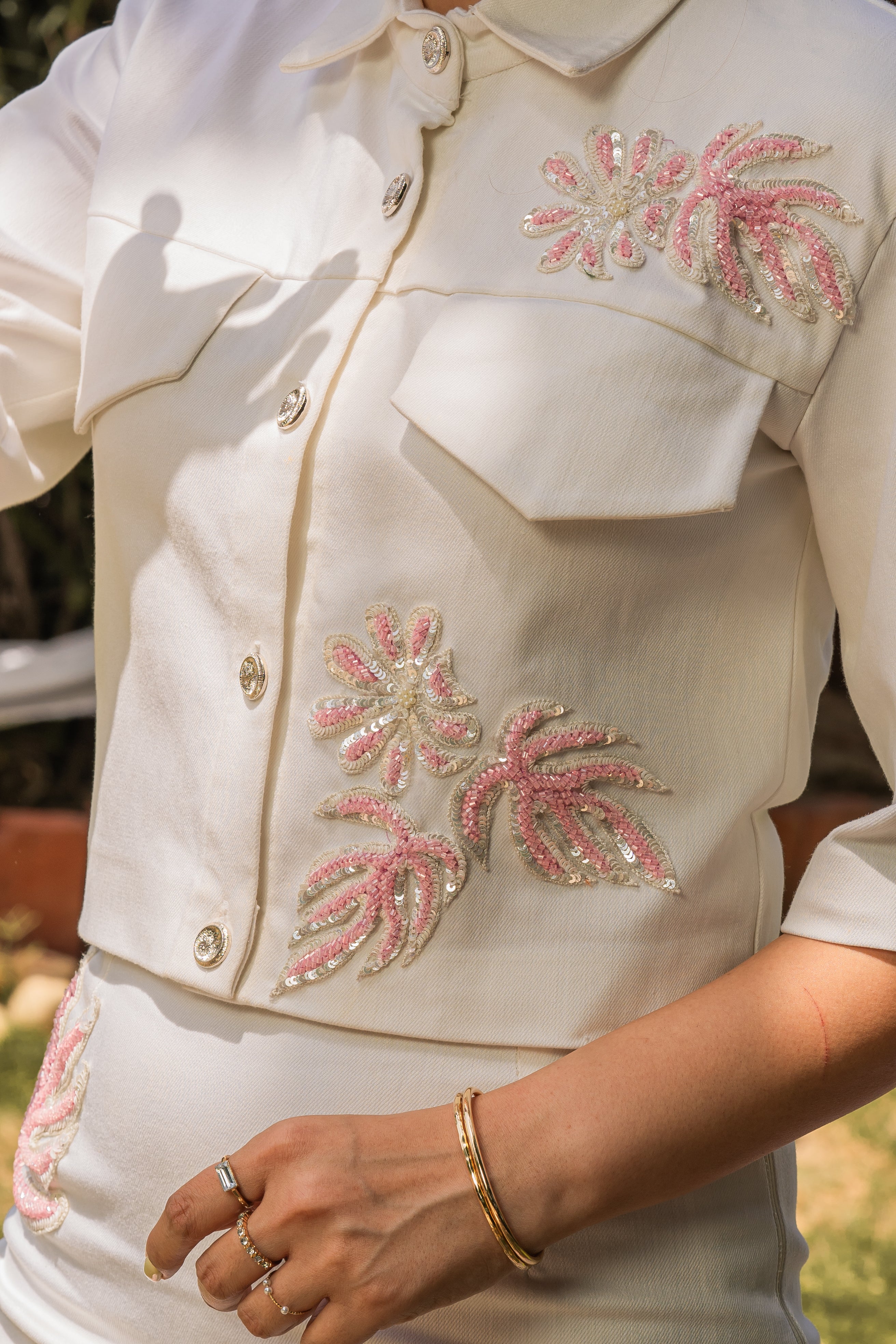Ivory denim hand embroidered set