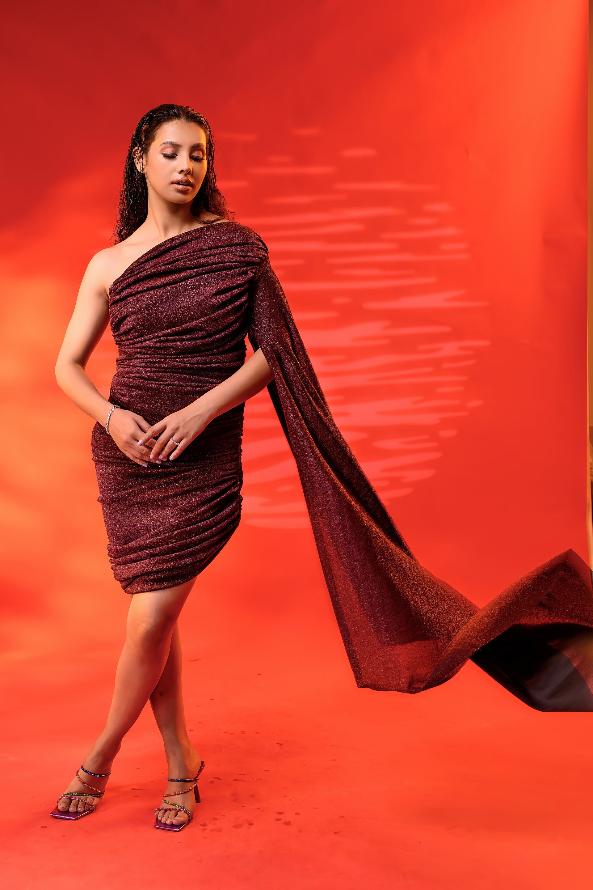 Maroon One Shoulder Drape Ruched Dress
