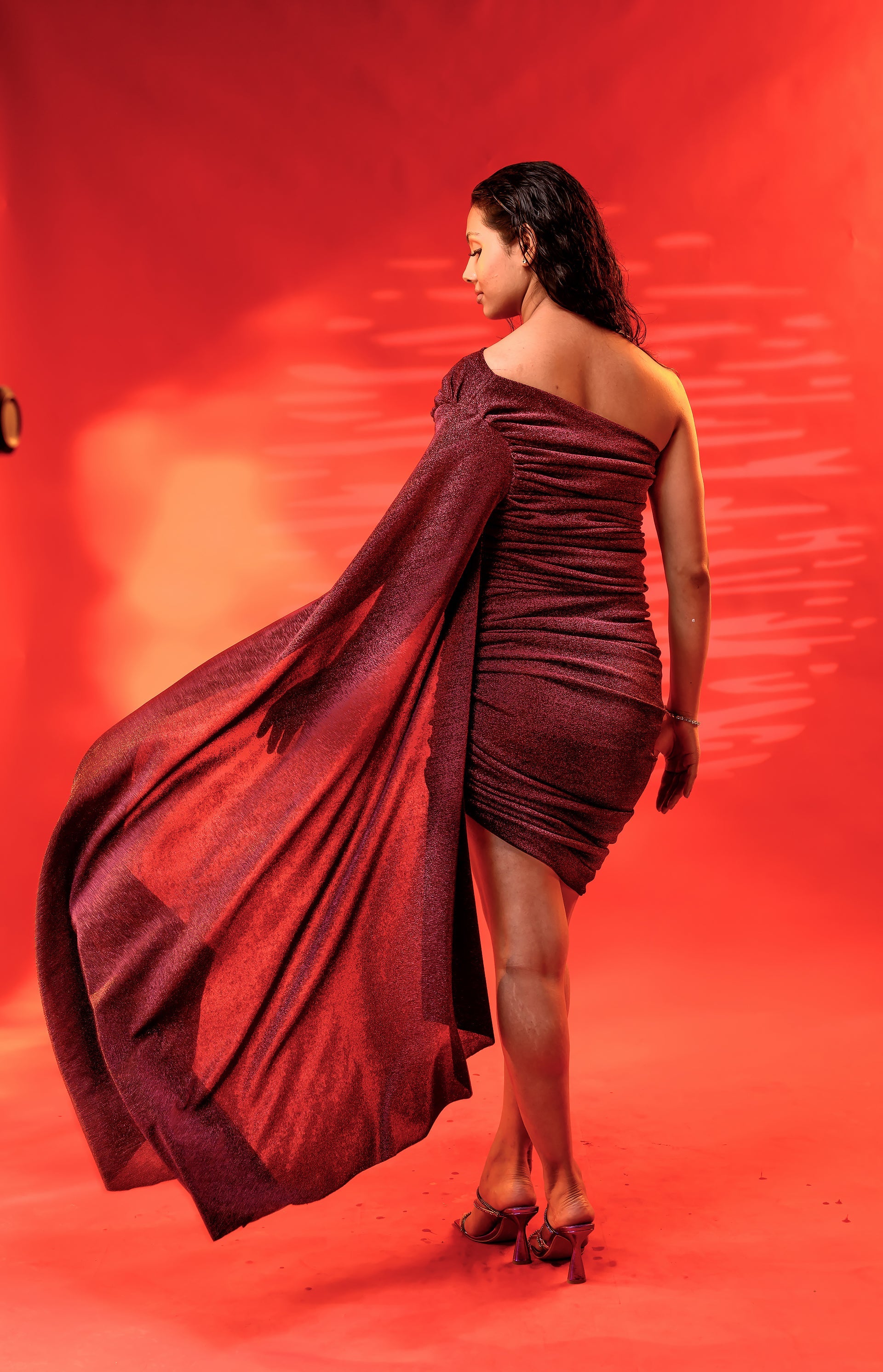 Maroon One Shoulder Drape Ruched Dress