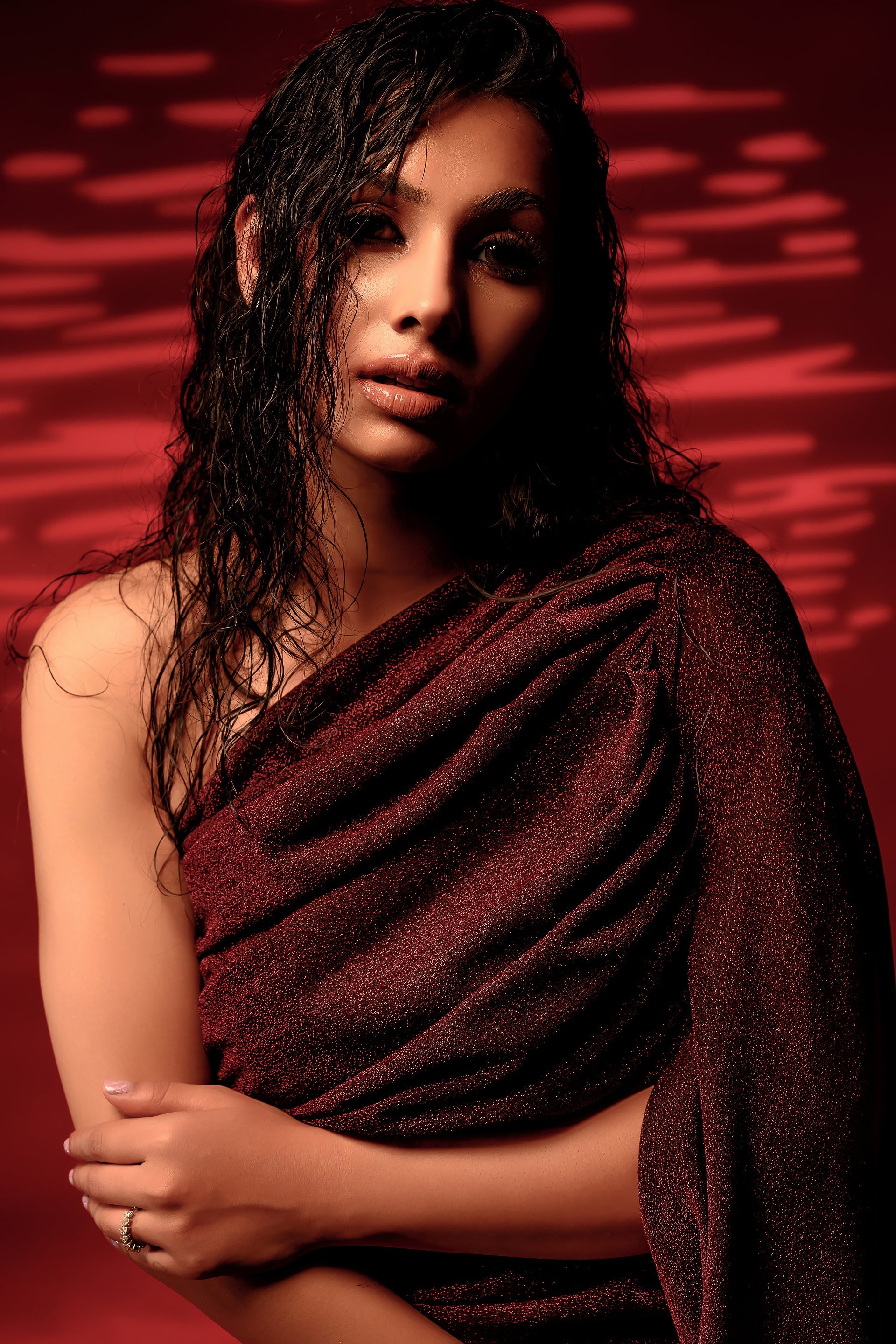 Maroon One Shoulder Drape Ruched Dress