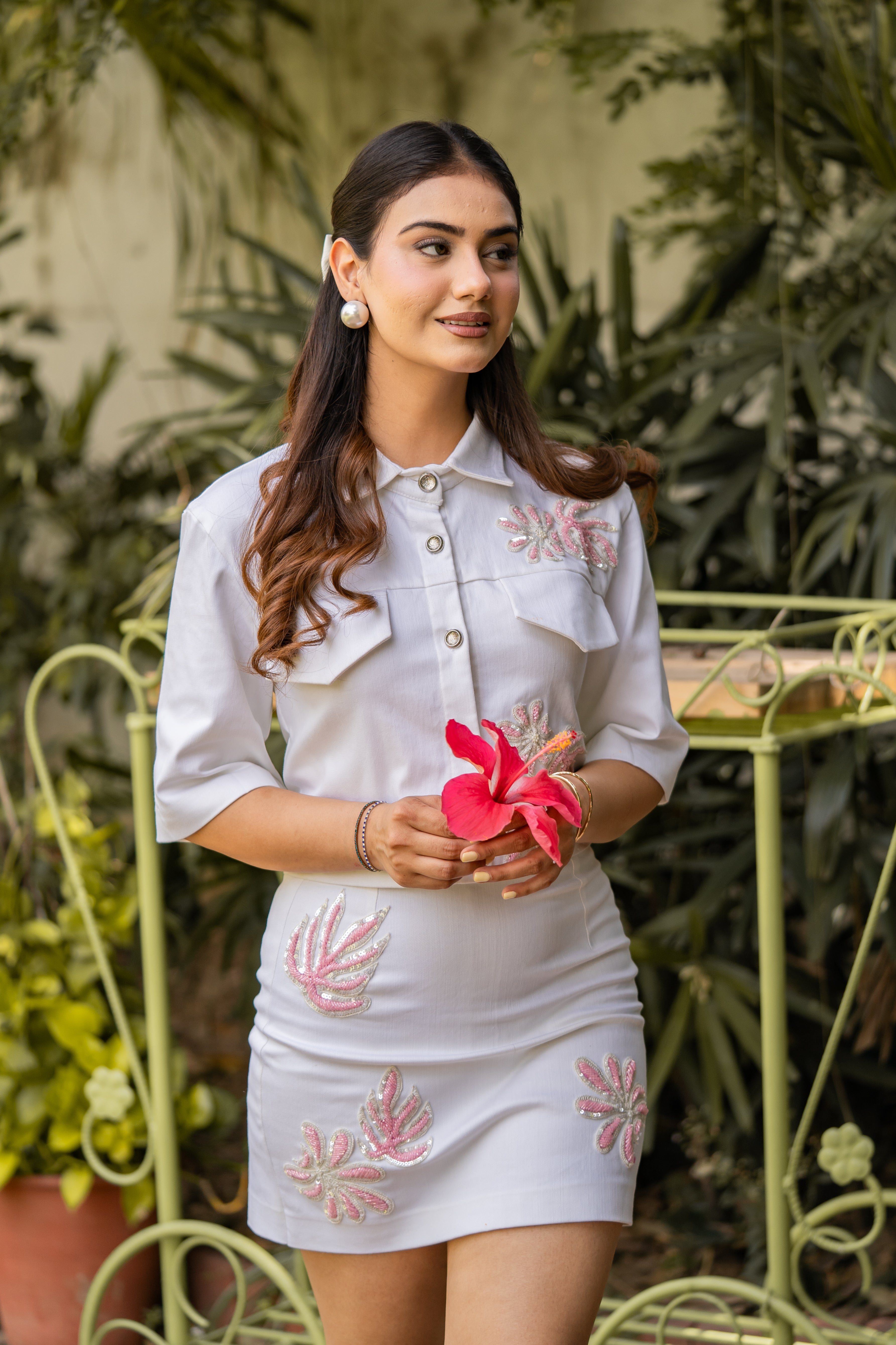 Ivory denim hand embroidered set