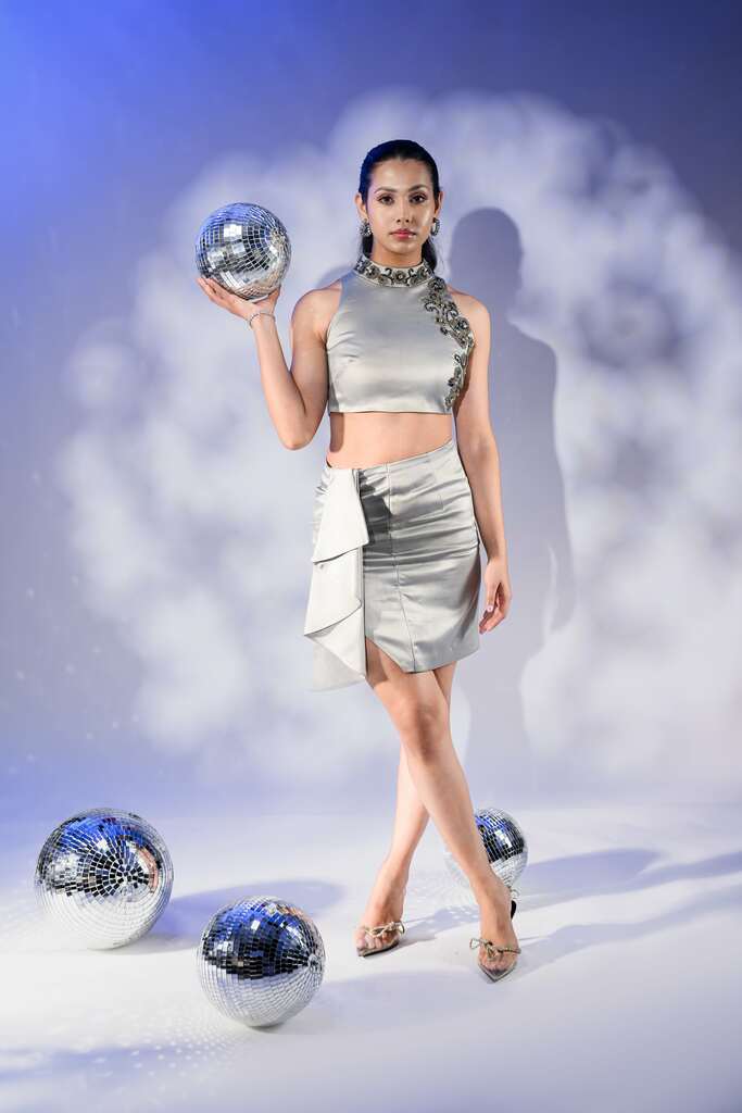 Grey Hand Embroidered Crop Top & Skirt Set